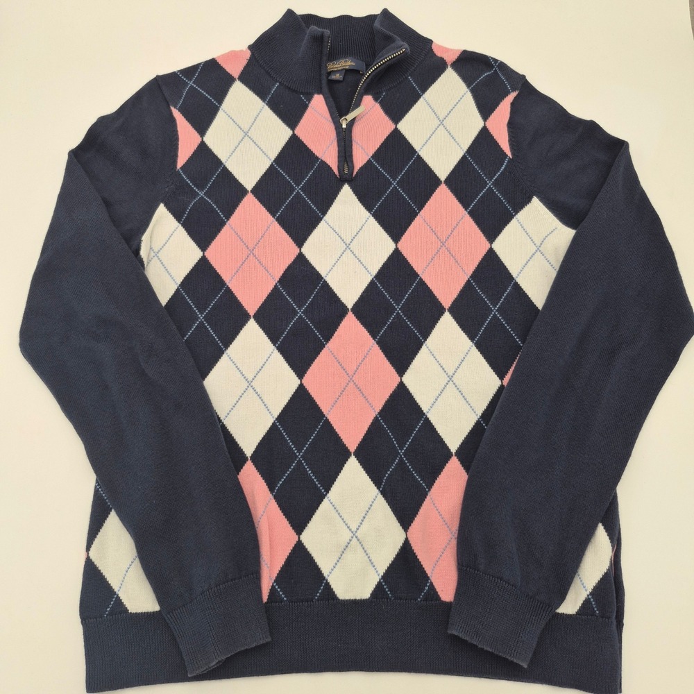 Brooks Brothers Supima Cotton Argyle Quarter Zip Sweater Navy Pink Medium